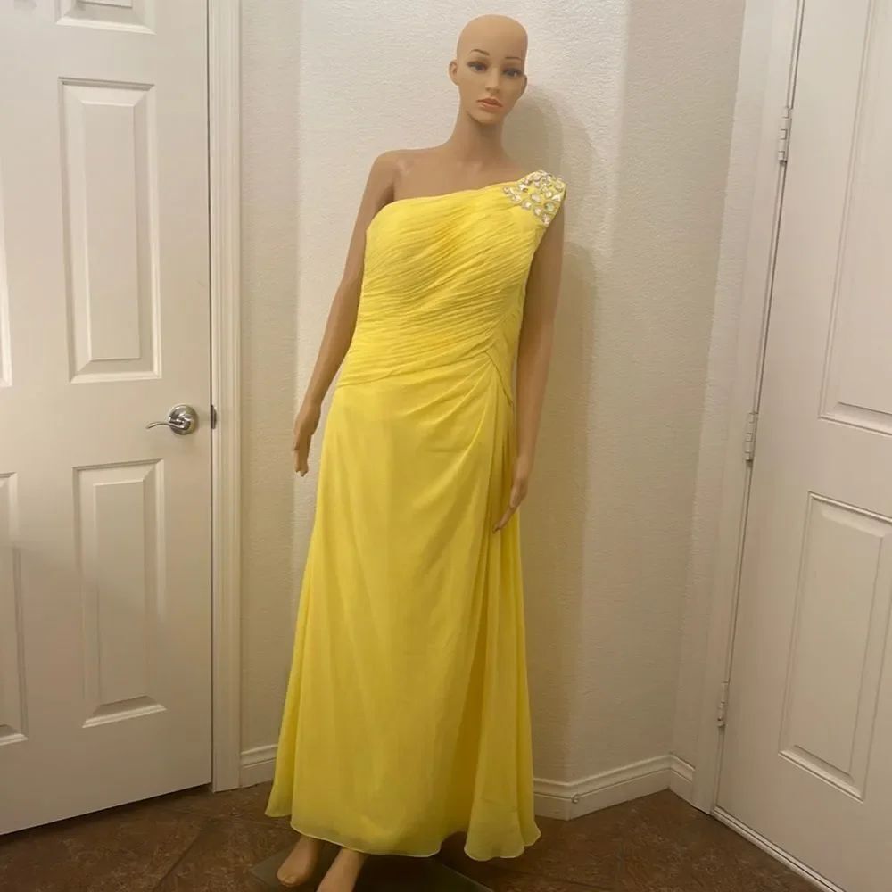 Yellow Evening Dress Formal Prom Lined Slimming Design Diamond Jewel Studded